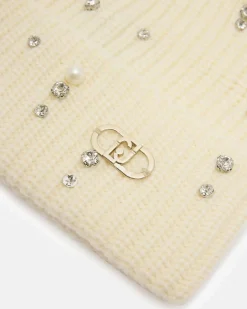 Berretto Liu Jo Accessories bianco in maglia con strass e perle