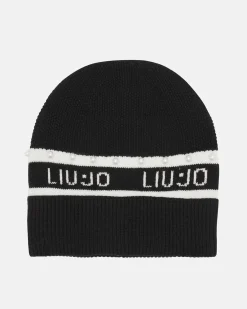 Berretto Liu Jo Sport nero in maglia con logo e perle in rilievo
