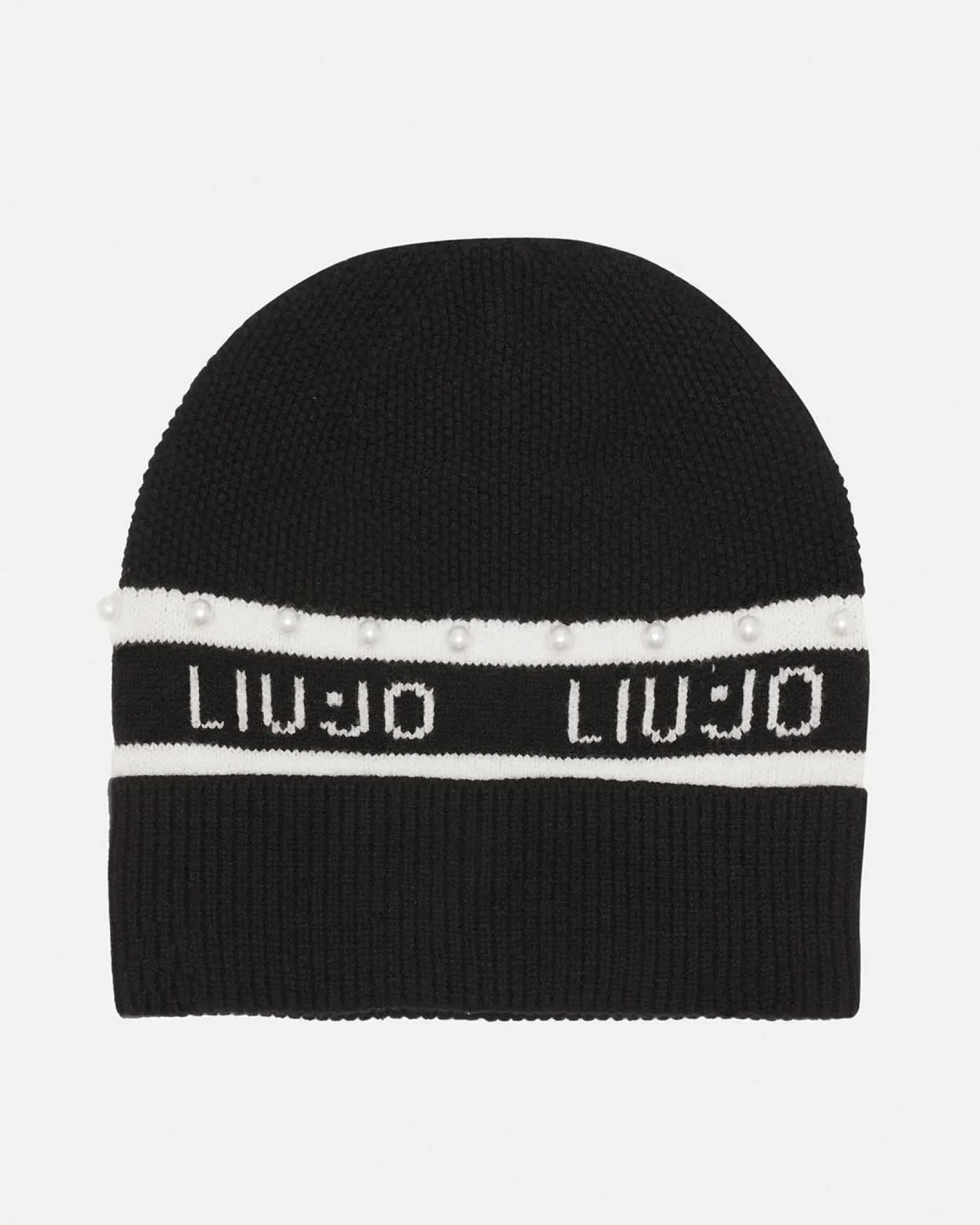 Berretto Liu Jo Sport nero in maglia con logo e perle in rilievo