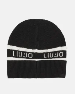 Berretto Liu Jo Sport nero in maglia con logo e perle in rilievo