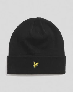 Berretto Lyle & Scott nero con risvolto e logo aquila gialla ricamata