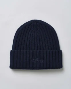 Berretto MC2 Saint Barth blu in maglia di lana a coste inglesi con ricamo St.Barth sul risvolto tono su tono