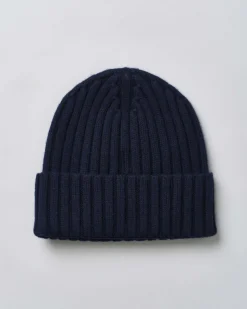Berretto MC2 Saint Barth blu in maglia di lana a coste inglesi con ricamo St.Barth sul risvolto tono su tono