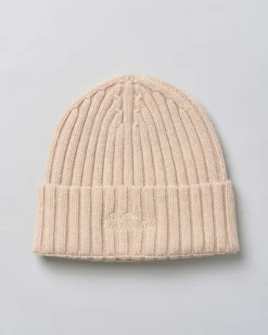 Berretto MC2 Saint Barth beige in maglia di lana a coste inglesi con ricamo St.Barth sul risvolto tono su tono