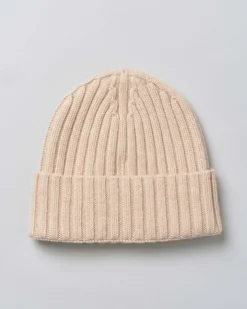 Berretto MC2 Saint Barth beige in maglia di lana a coste inglesi con ricamo St.Barth sul risvolto tono su tono