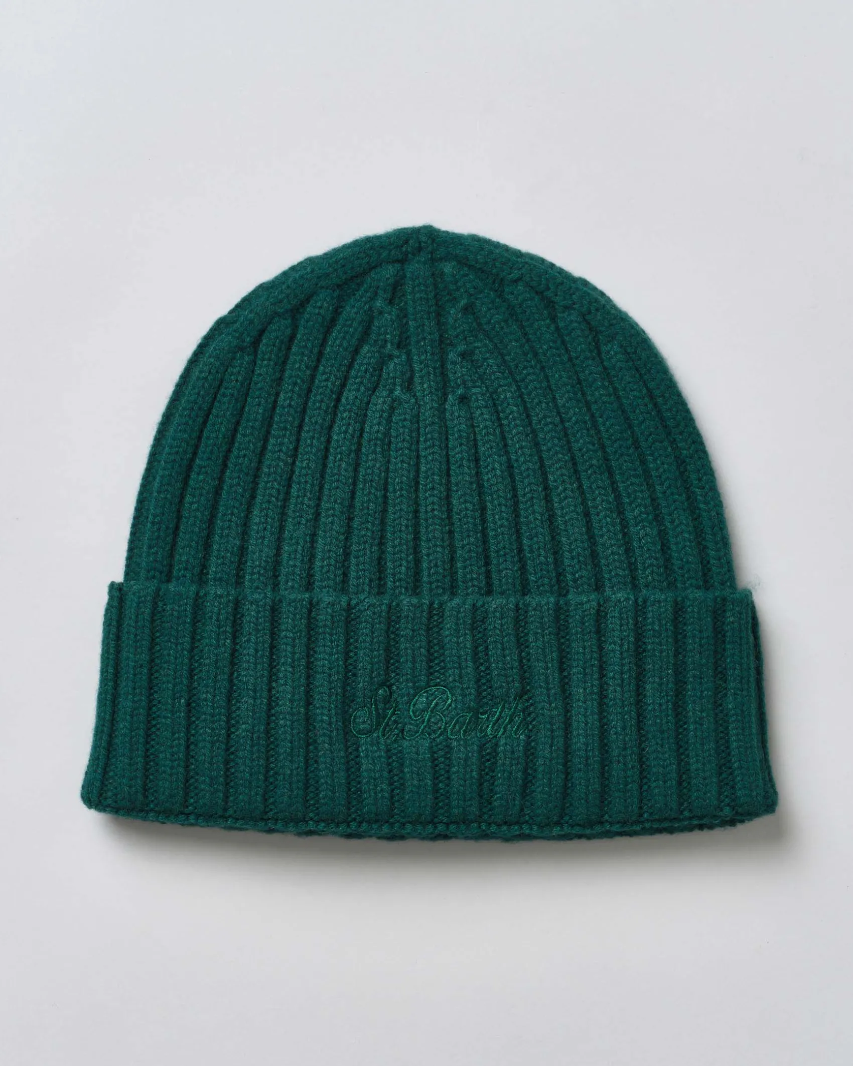 Berretto MC2 Saint Barth verde in maglia di lana a coste inglesi con ricamo St.Barth sul risvolto tono su tono