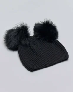 Berretto nero in misto lana e cachemire con due pompon