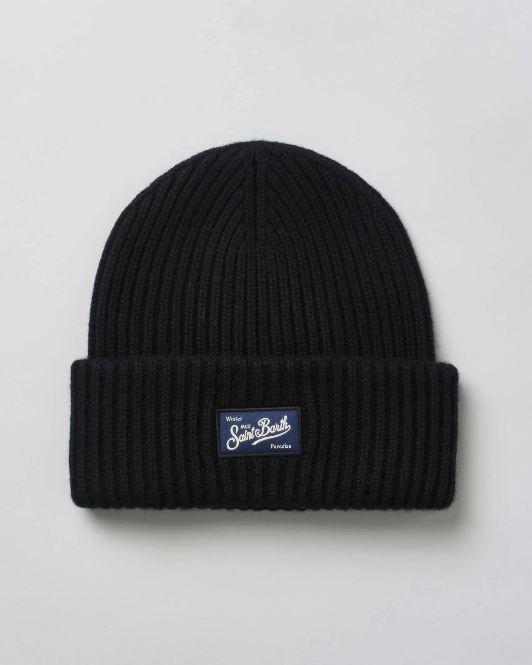 Berretto nero MC2 Saint Barth in lana e cashmere a coste con patch logo cucito sul risvolto