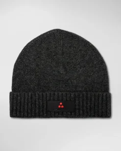 Berretto Peuterey antracite in misto lana e cachemire con risvolto e patch porta logo