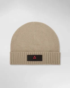 Berretto Peuterey beige in misto lana e cachemire con risvolto e patch porta logo