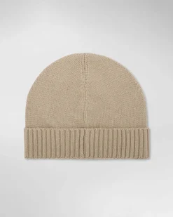 Berretto Peuterey beige in misto lana e cachemire con risvolto e patch porta logo