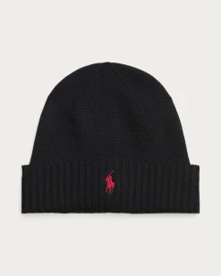 Berretto Polo Ralph Lauren nero in pura lana merino con risvolto e logo pony rosso