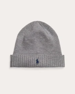 Berretto Polo Ralph Lauren grigio in pura lana merino con risvolto e logo pony blu