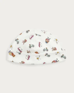 Berretto Polo Ralph Lauren cuffia bianco in puro cotone con fantasia disegni all over