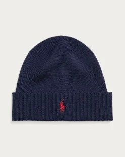 Berretto Polo Ralph Lauren blu in pura lana merino con risvolto e logo pony rosso