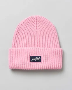 Berretto rosa bubble MC2 Saint Barth in lana e cashmere a coste con patch logo cucito sul risvolto