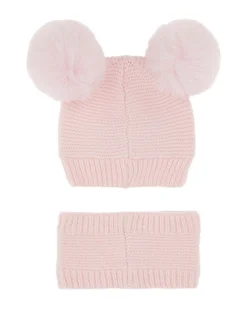 Berretto rosa con pom pom e scaldacollo Guess in misto viscosa