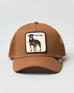 Berretto The Baddest Boy trucker color caramello con patch Rottweiler