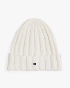Berretto Tommy Hilfiger bianco in maglia a coste
