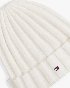 Berretto Tommy Hilfiger bianco in maglia a coste