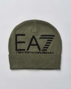 Berretto verde militare in maglia a costine con risvolto e maxi logo jacquard nero davanti
