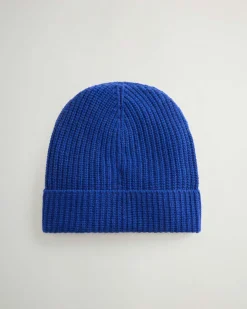 Berretto Woolrich blu royal a coste in lana merino con risvolto e logo