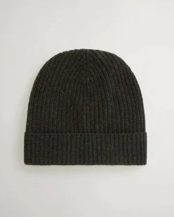 Berretto Woolrich verde scuro a coste in lana merino con risvolto e logo