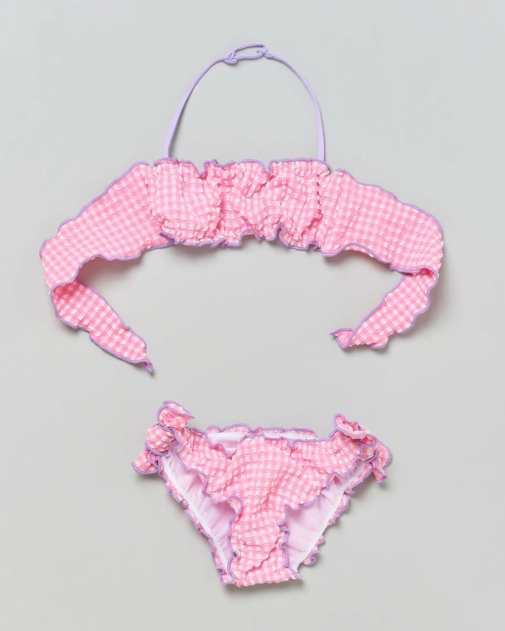 Bikini Emy a fascia in seersucker a fantasia vichy rosa e bianca con profili lilla