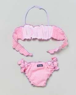 Bikini Emy a fascia in seersucker a fantasia vichy rosa e bianca con profili lilla