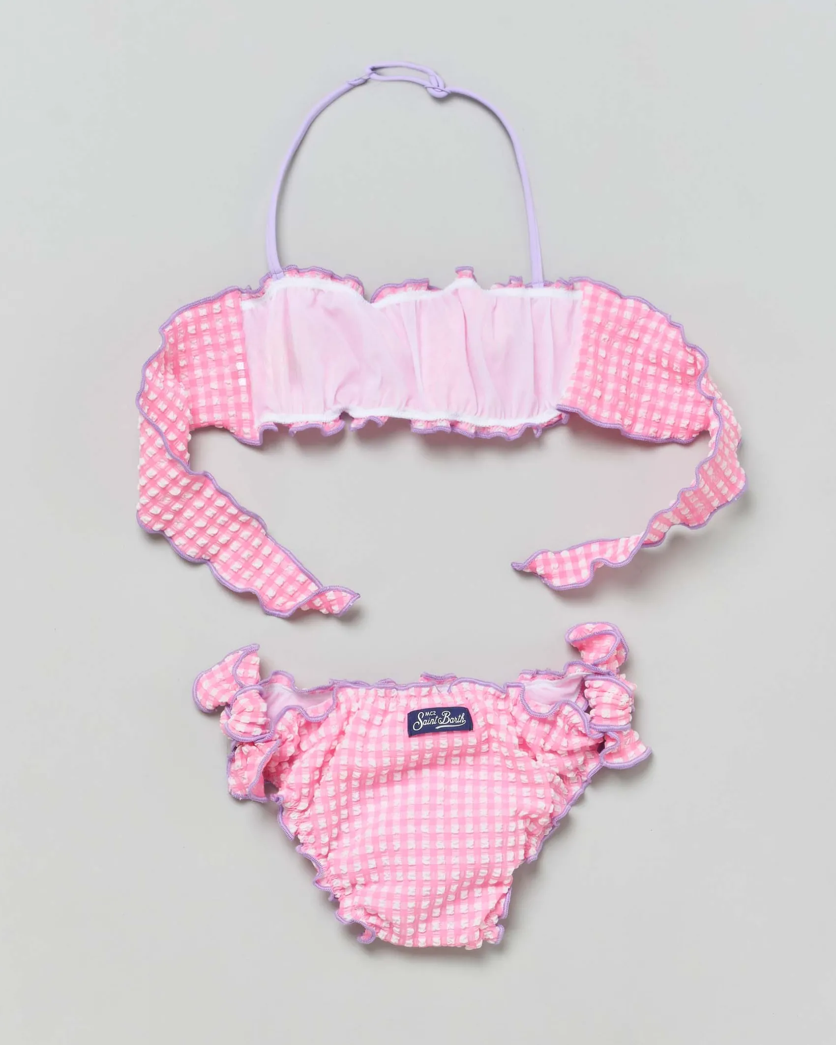 Bikini Emy a fascia in seersucker a fantasia vichy rosa e bianca con profili lilla
