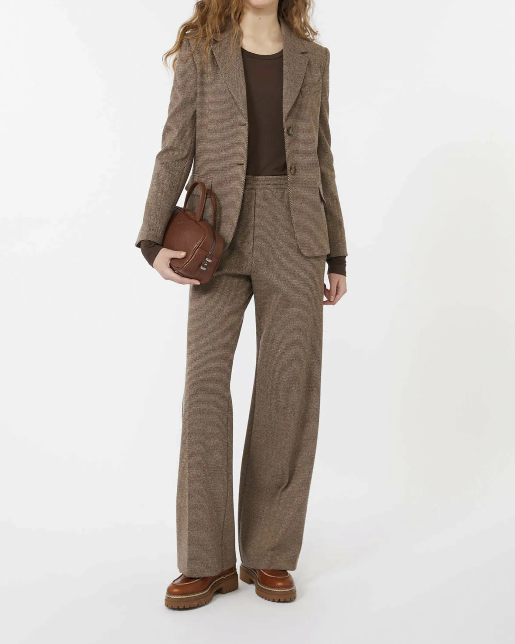 Blazer a due bottoni Weekend Max Mara in jersey di lana e cotone a micro fantasia noce e marrone