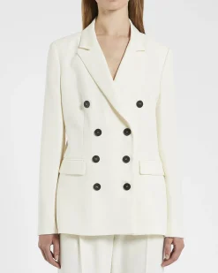 Blazer bianco in crêpe envers satin doppiopetto con rever in raso