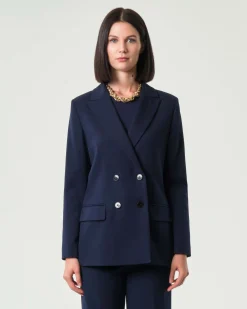 Blazer blu doppiopetto Emme Marella in tessuto diagonale stretch con scollo a rever