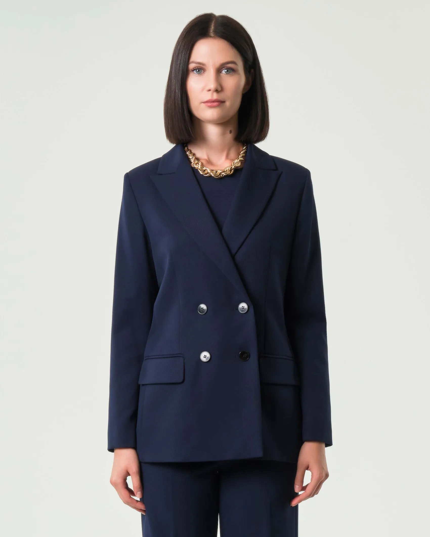 Blazer blu doppiopetto Emme Marella in tessuto diagonale stretch con scollo a rever