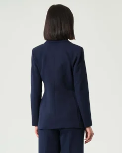 Blazer blu doppiopetto Emme Marella in tessuto diagonale stretch con scollo a rever