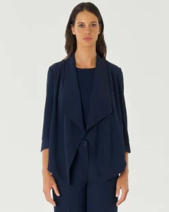 Blazer blu in crêpe con scollo sciallato e maniche tre quarti
