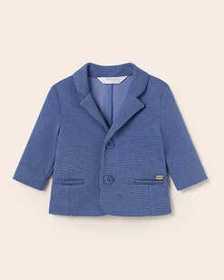 Blazer blu indaco in cotone e lino stretch microfantasia con rever classico 6-18 mesi