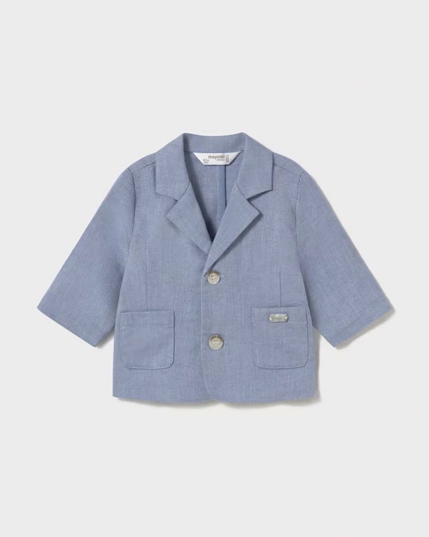 Blazer color avio in cotone e lino micro fantasia con rever classico