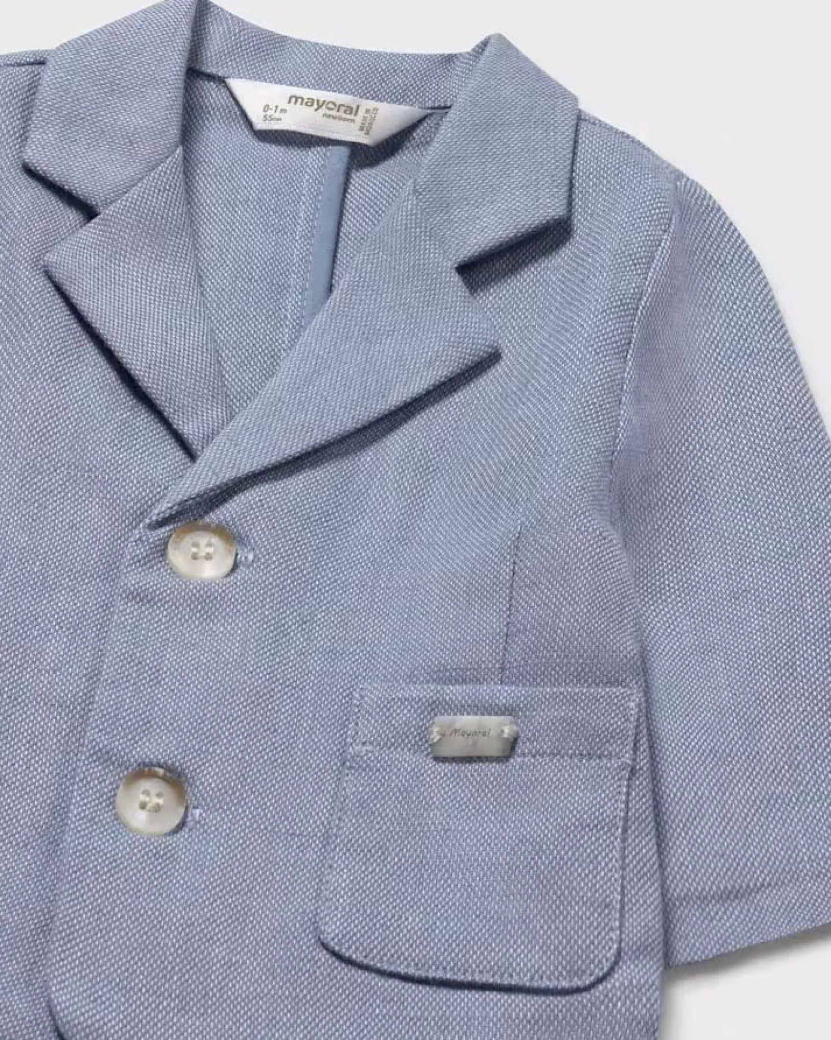 Blazer color avio in cotone e lino micro fantasia con rever classico