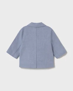 Blazer color avio in cotone e lino micro fantasia con rever classico