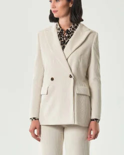 Blazer doppiopetto color panna Emme Marella in velluto a righe con scollo a rever
