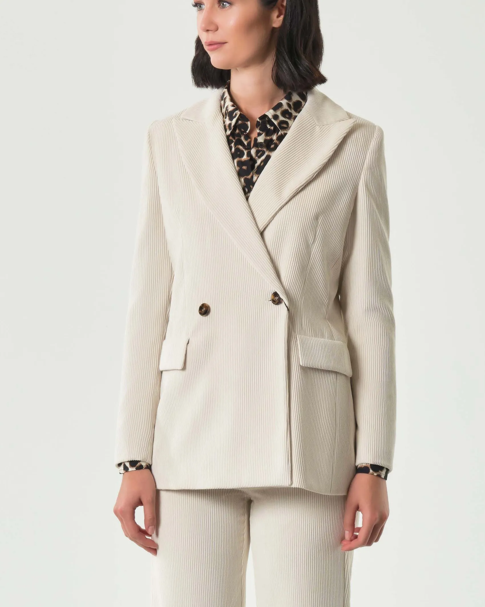Blazer doppiopetto color panna Emme Marella in velluto a righe con scollo a rever