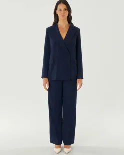 Blazer doppiopetto color blu in crêpe con revers a lancia