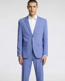 Blazer Liam azzurro slim-fit in tela di misto viscosa stretch con chiusura monopetto