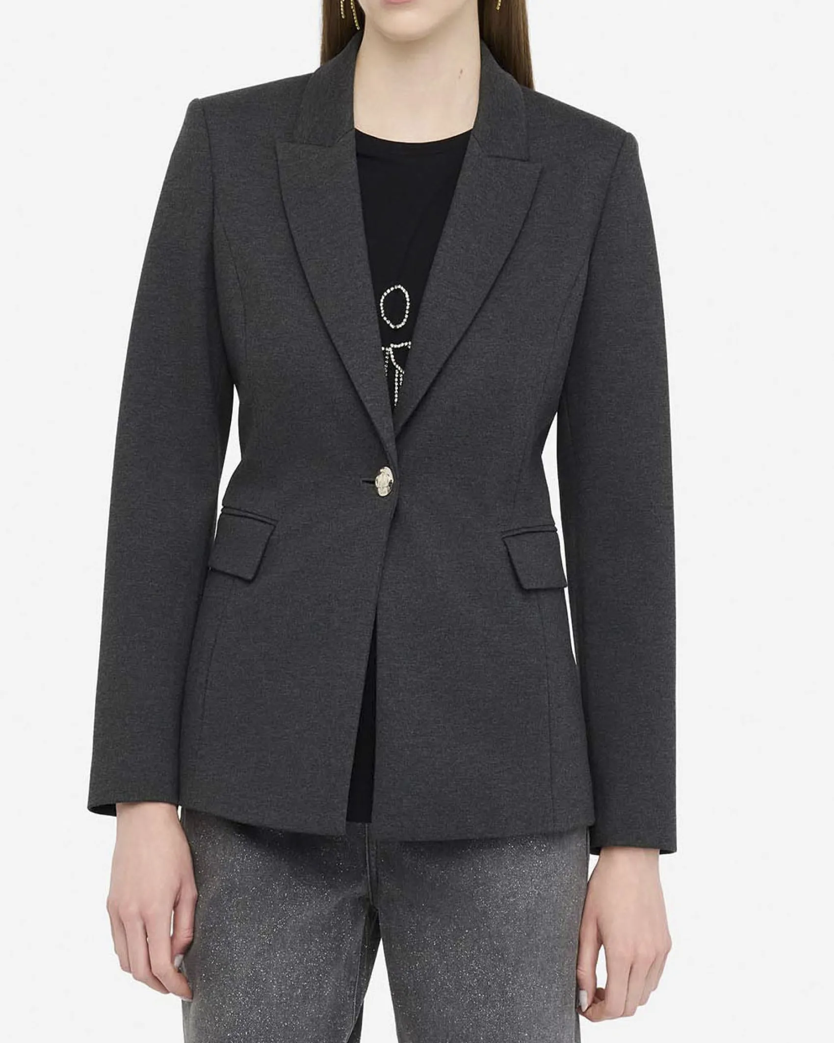 Blazer Liu Jo grigio in jersey mélange con spilla gioiello