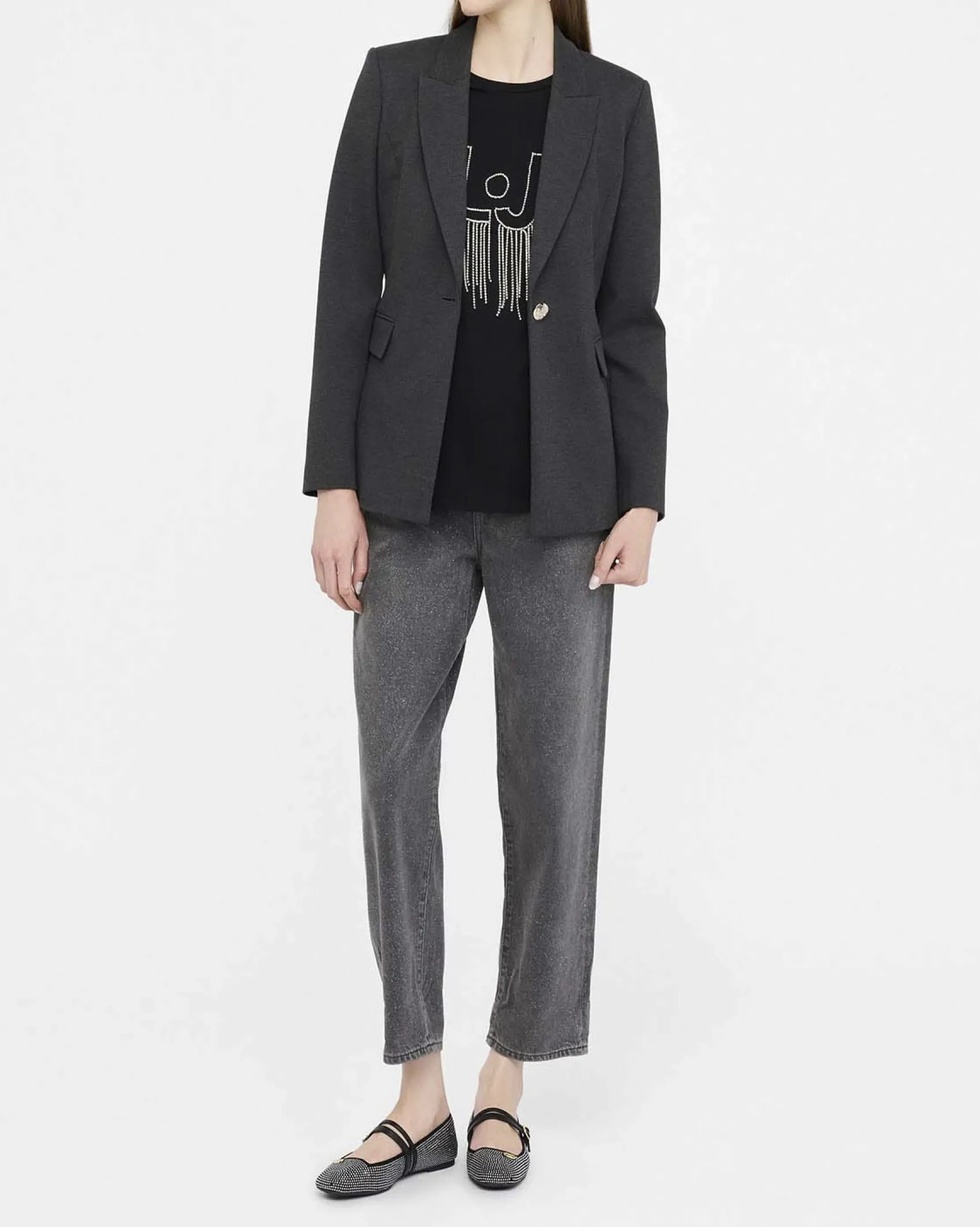 Blazer Liu Jo grigio in jersey mélange con spilla gioiello