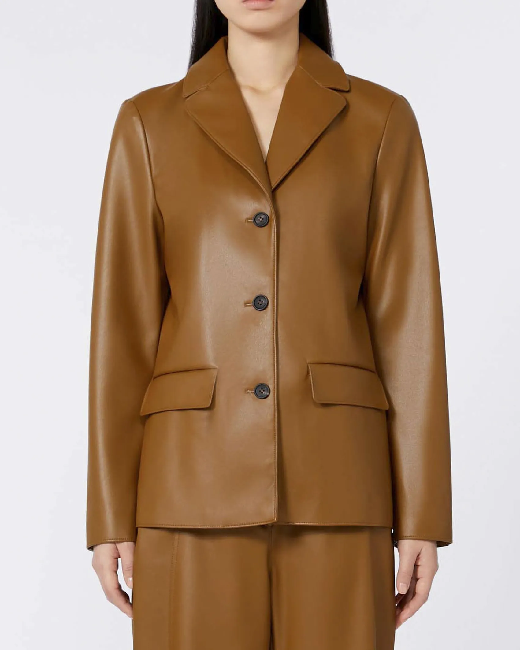 Blazer monopetto color cuoio in jersey effetto nappa MM Max Mara con scollo a rever