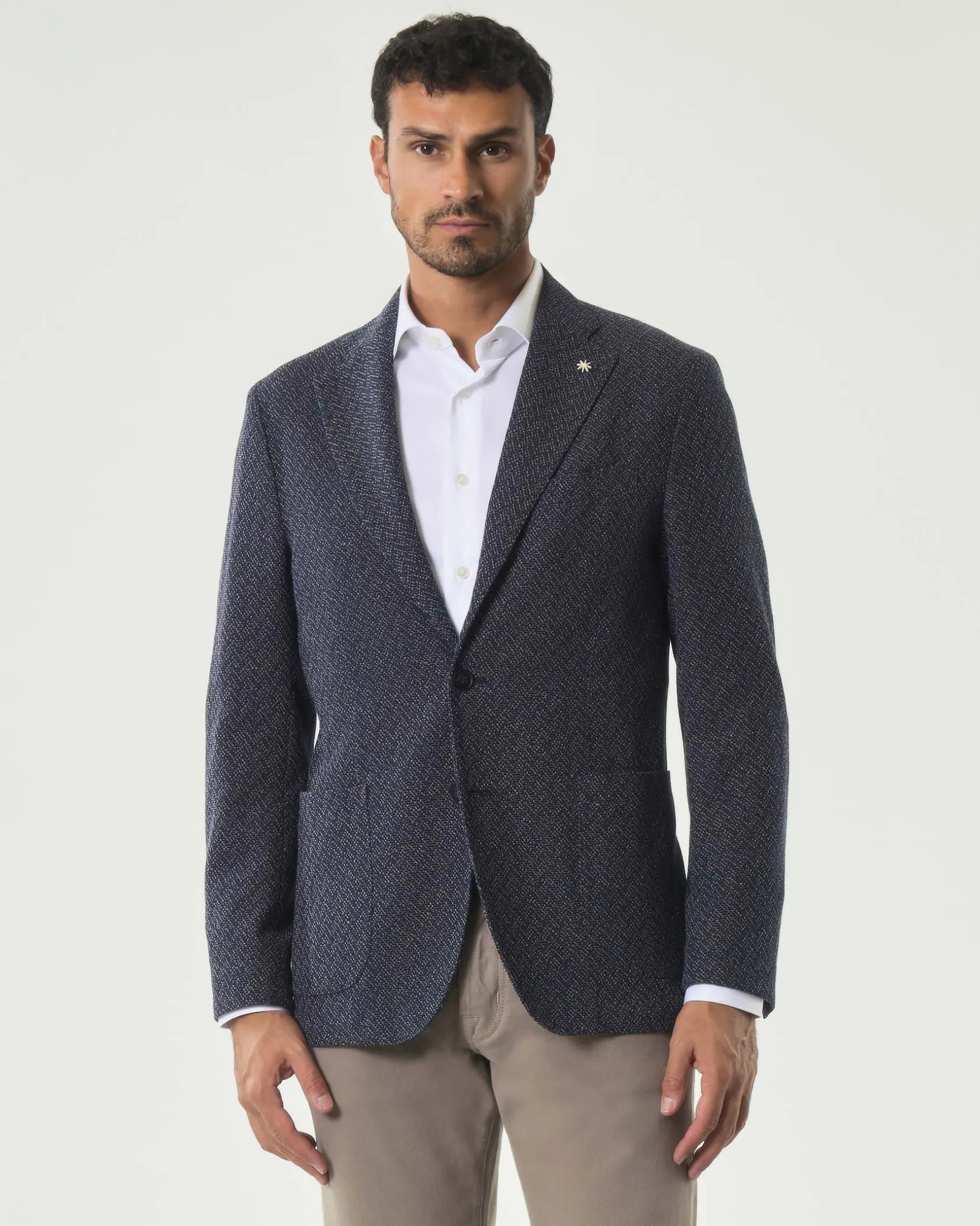 Blazer monopetto Manuel Ritz blu micro armatura slim-fit in misto cotone con tasche a toppa