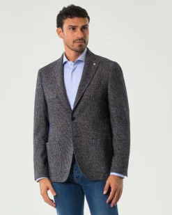 Blazer monopetto Manuel Ritz blu e marrone slim-fit in bouclé di misto cotone e lana bicolore con tasche a toppa