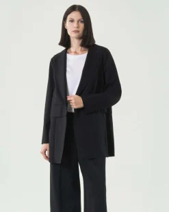 Blazer nero a un bottone Jurerê in misto viscosa punto Milano con scollo a rever e motivo a pannello in vita